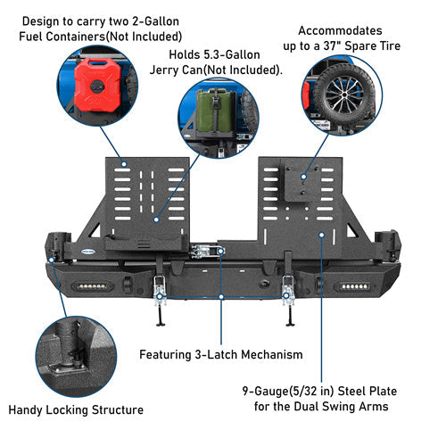 Road Trip Rear Bumper w/ Dual Swing Arms & Tire Carrier & 5.3-Gallon Jerry Can Holder For 2016-2023 Toyota Tacoma - Landshaker4x4