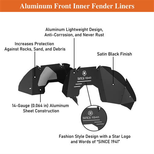 Aluminum Front Inner Fender Liners For 2018-2025 Jeep Wrangler JL & Gladiator JT(Excluding Mojave, Rubicon 3.6L Engine Edtion) - LandShaker