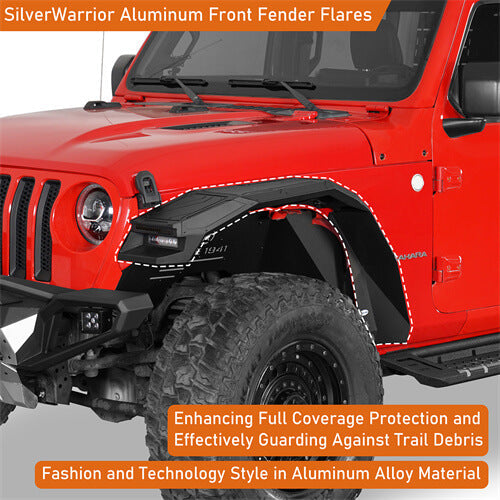 Road Trip Aluminum Front Fender Flares w/ LED Lights For 2018-2025 Jeep Wrangler JL & Gladiator JT - LandShaker