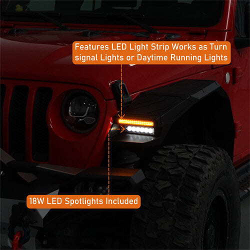 Road Trip Aluminum Front Fender Flares w/ LED Lights For 2018-2025 Jeep Wrangler JL & Gladiator JT - LandShaker