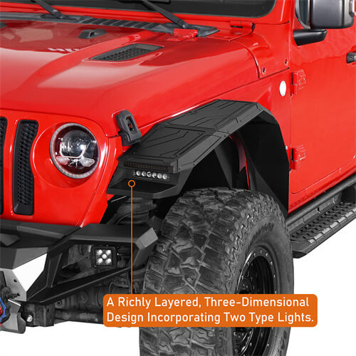 Road Trip Aluminum Front Fender Flares w/ LED Lights For 2018-2025 Jeep Wrangler JL & Gladiator JT - LandShaker