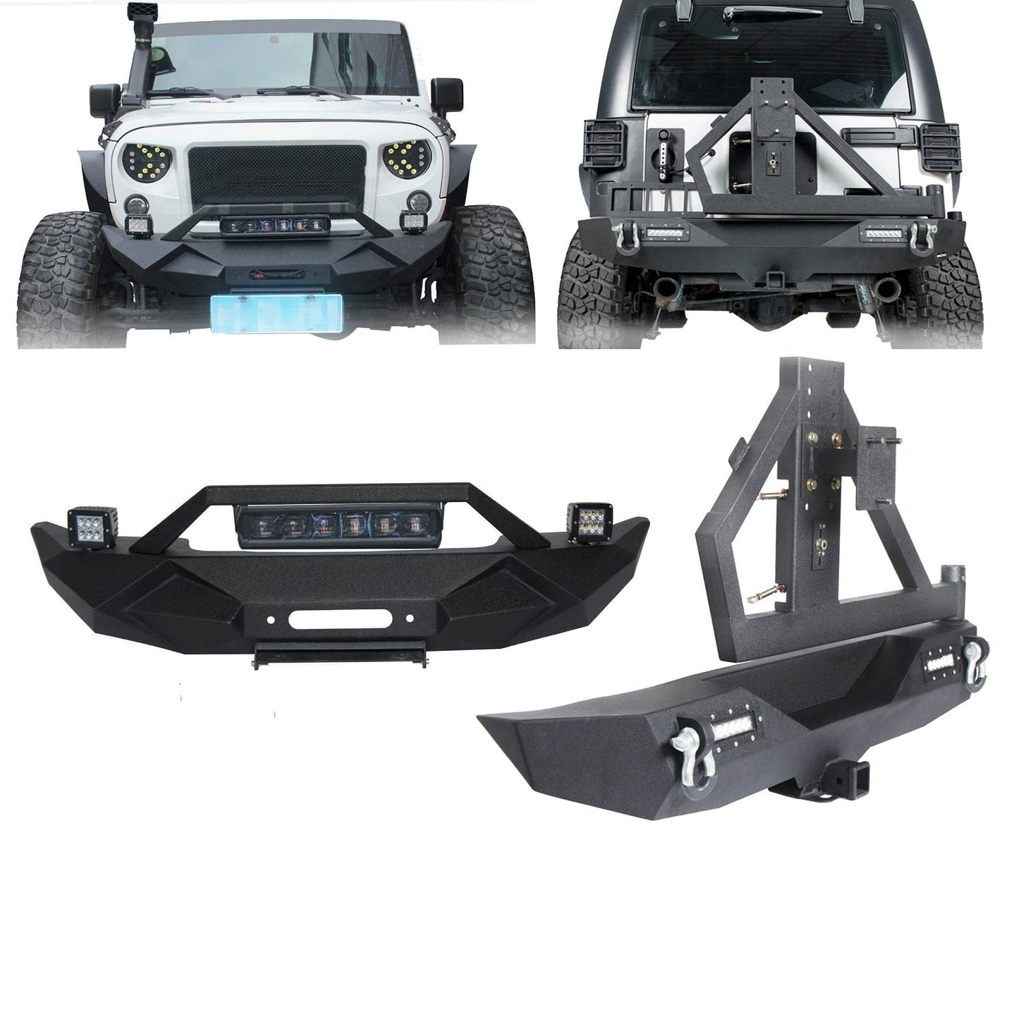 Blade Stubby Front Bumper w/ 60W Work Light Bar & Different Trail Rear Bumper w/Tire Carrier Combo(07-18 Jeep Wrangler JK JKU)-LandShaker