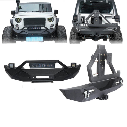 Blade Stubby Front Bumper w/ 60W Work Light Bar & Different Trail Rear Bumper w/Tire Carrier Combo(07-18 Jeep Wrangler JK JKU)-LandShaker