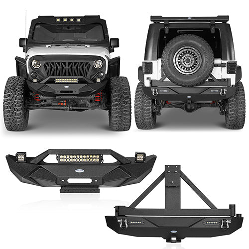 Blade Stubby Front Bumper w/ 60W Work Light Bar & Different Trail Rear Bumper w/Tire Carrier Combo(07-18 Jeep Wrangler JK JKU)-LandShaker