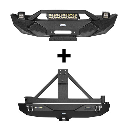 Blade Stubby Front Bumper w/ 60W Work Light Bar & Different Trail Rear Bumper w/Tire Carrier Combo(07-18 Jeep Wrangler JK JKU)-LandShaker
