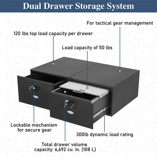 Dual Drawer Storage System For 2015-2025 Jeep Wrangler JK & JL 4-Door / 2021-2025 Ford Bronco 4-Door - Landshaker4x4