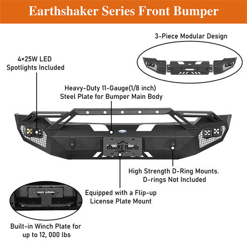 Earthshaker Series Front Bumper w/ Winch Plate & LED Lights For 2006-2008 Ram 1500 - LandShaker