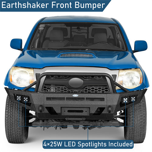 Earthshaker Front Bumper w/ Winch Plate & 4 LED Spot Lights For 2005-2011 Toyota Tacoma - LandShaker