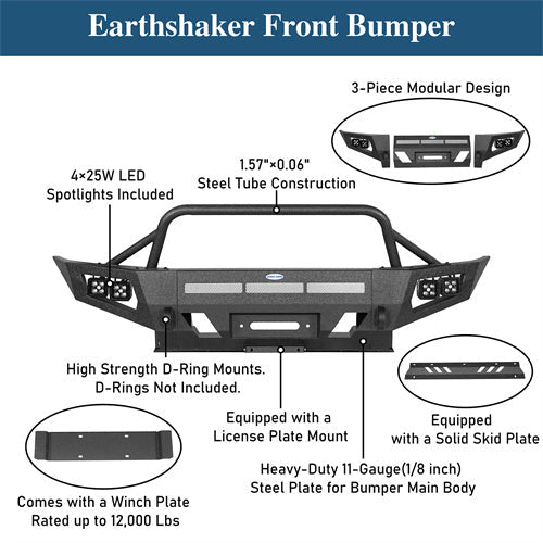 Earthshaker Front Bumper w/ Winch Plate & 4 LED Spot Lights For 2005-2011 Toyota Tacoma - LandShaker