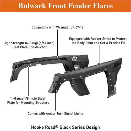 Bulwark Front Fender Flares w/Turn Signal Lights For 2007-2018 Jeep Wrangler JK - LandShaker