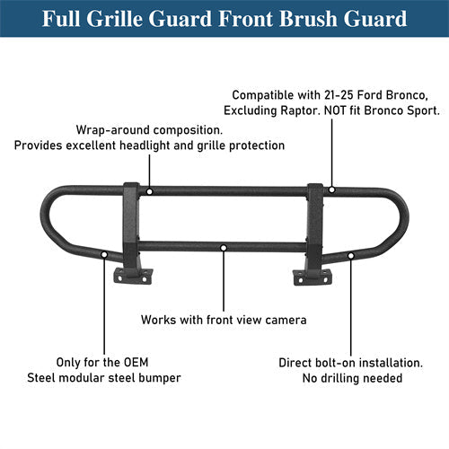 Full Grille Guard Front Brush Guard w/ Steel Modular Bumper For 2021-2025 Ford Bronco (Excluding Raptor, Everglades, Black Diamond Models) - LandShaker4x4