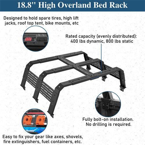 18.8" High Overland Bed Rack For 2020-2025 Jeep Gladiator JT / 2005-2023 Toyota Tacoma(5' Bed) / 2019-2025 Ford Ranger - Landshaker4x4