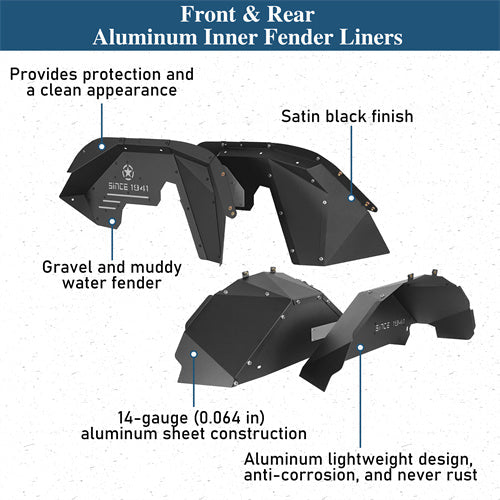 Front & Rear Aluminum Inner Fender Liners For 2007-2018 Jeep Wrangler JK - Landshaker4x4