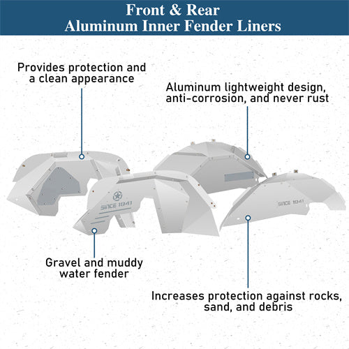 Front & Rear Aluminum Inner Fender Liners For 2007-2018 Jeep Wrangler JK - Landshaker4x4