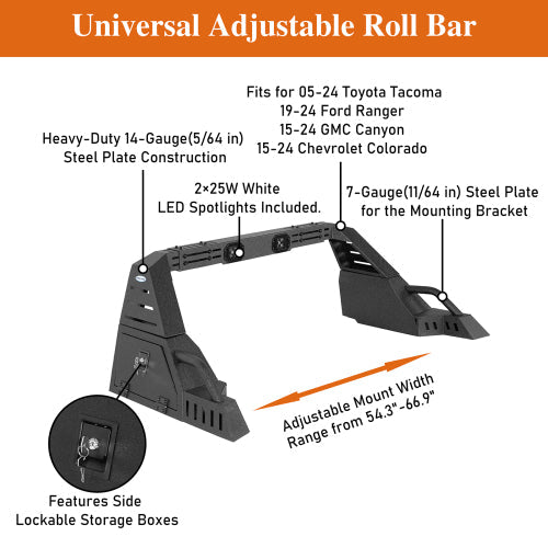20.7" High Adjustable Roll Bar w/ LED Spotlights & Storage Boxes For Mid-Size Pickup Trucks - LandShaker