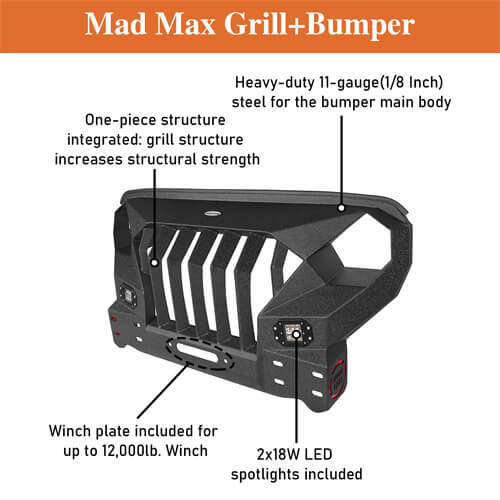 Mad Max Front Bumper w/Steel Grille Guard &  Winch plate(07-18 Jeep Wrangler JK)-LandShaker