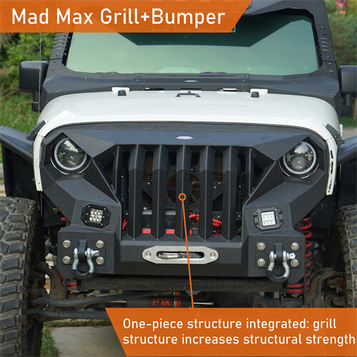 Mad Max Front Bumper w/Steel Grille Guard &  Winch plate(07-18 Jeep Wrangler JK)-LandShaker