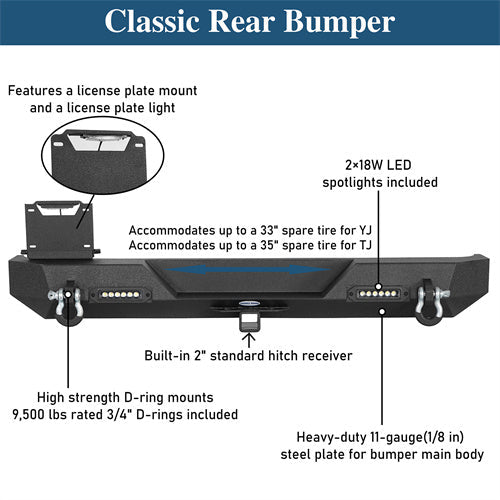 Car Bumper Rear Bumper w/ LED Lights For 1997-2006 Jeep Wrangler TJ - LandShaker4x4