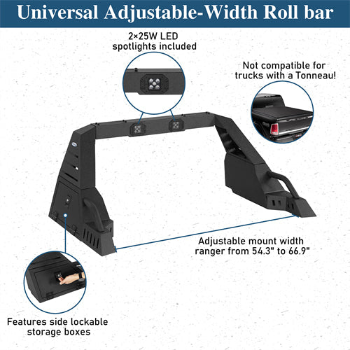 Adjustable Roll Bar w/ LED Spotlights For Ford F-150 | Chevy Silverado 1500 | GMC Sierra 1500 | Ram 1500 | Toyota Tundra - Ultralisk4x4