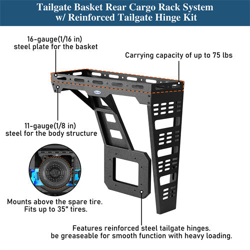 Tailgate Basket Rear Cargo Rack System w/ Reinforced Tailgate Hinge Kit For 2007-2018 Jeep Wrangler JK - LandShaker4x4