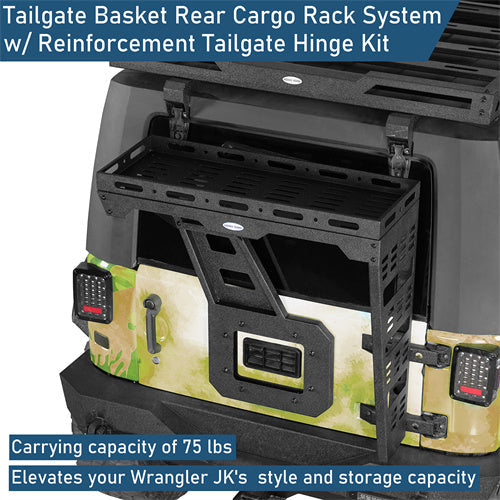 Tailgate Basket Rear Cargo Rack System w/ Reinforced Tailgate Hinge Kit For 2007-2018 Jeep Wrangler JK - LandShaker4x4