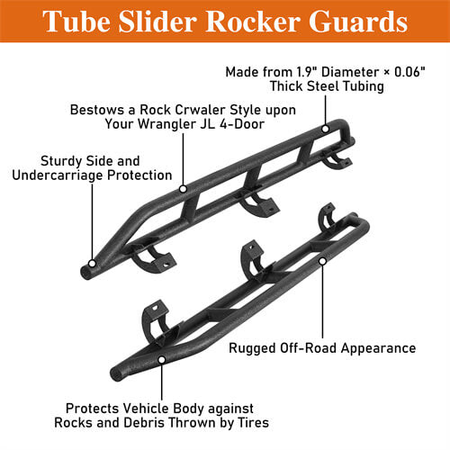 Tube Slider Rocker Guards For 2018-2025 Jeep Wrangler JL 4-Door - LandShaker