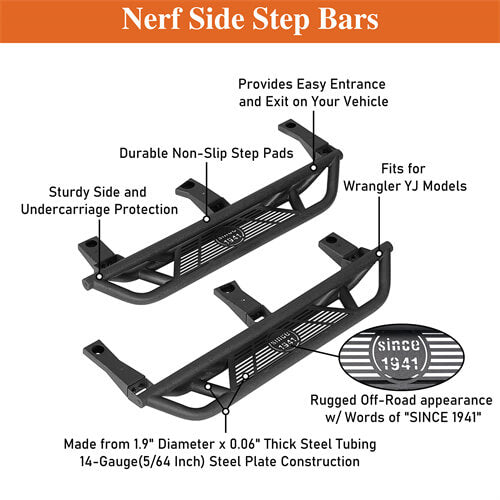 Off-road Tubular Side Step Bars For 1987-1995 Jeep Wrangler YJ- LandShaker